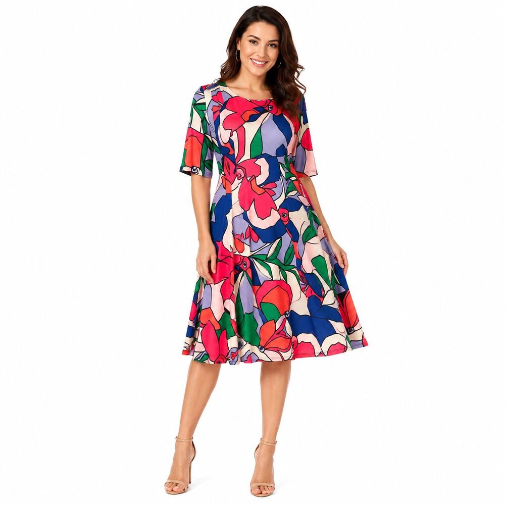 NWT Catherine Malandrino Dress L Abstract Floral 3/4 Sleeve Stretch Midi